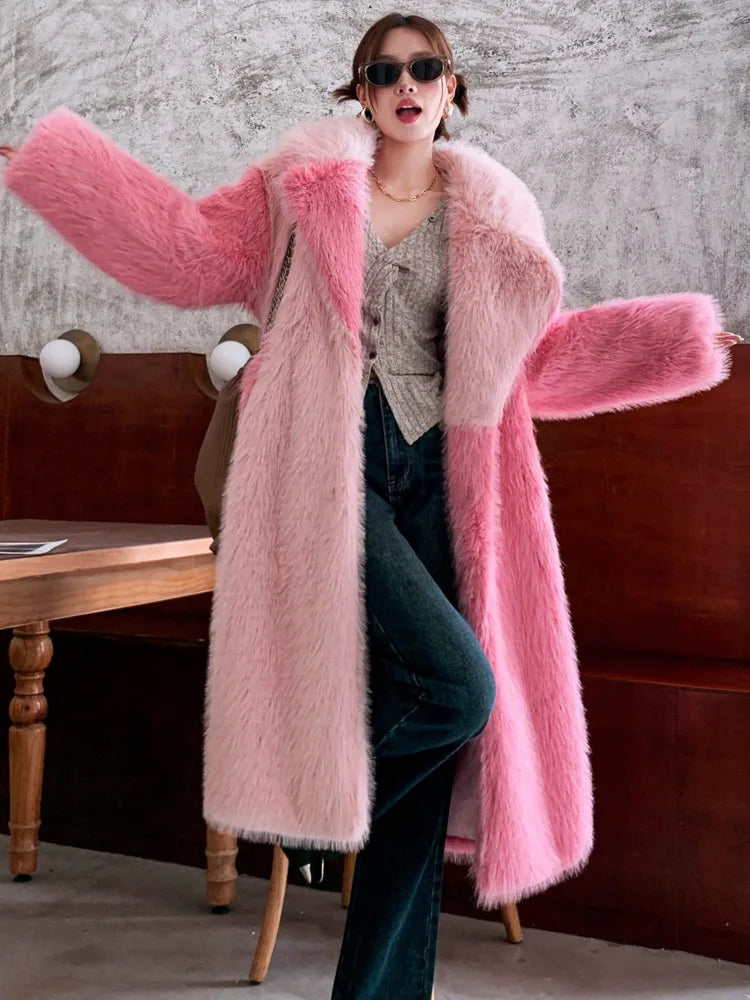 Lapel Loose Contrast Colour Sashes Long Sleeve Thick Warm Faux Fur Coat