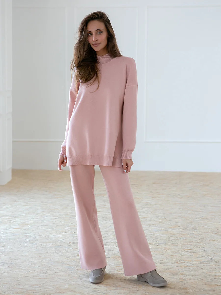 Turtleneck Loose Side Slit Pullover High Waist Straight Trouser Knitted Set