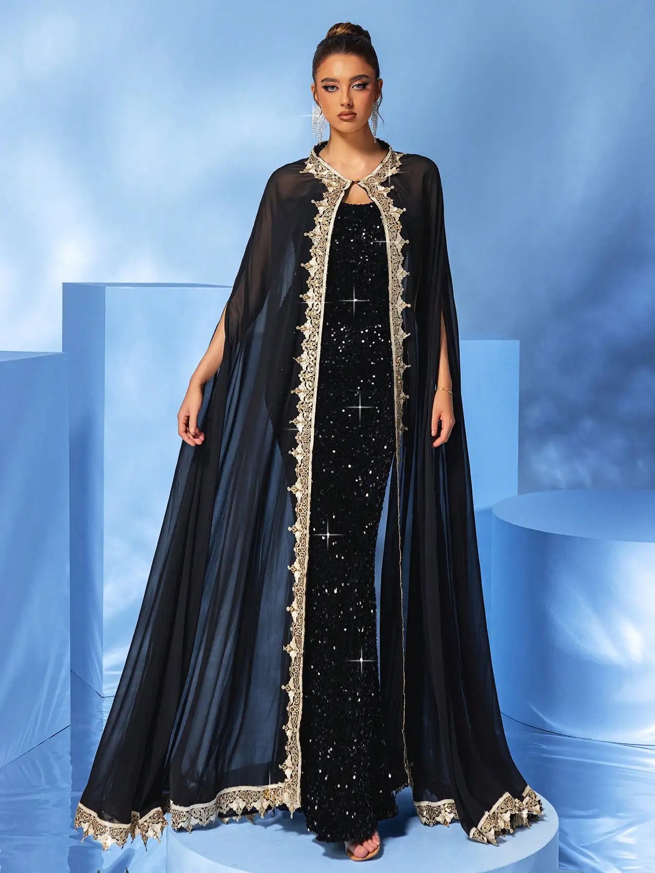 Sparkly Sequin Hem Cape Sleeveless Black Evening Mermaid Maxi Dress