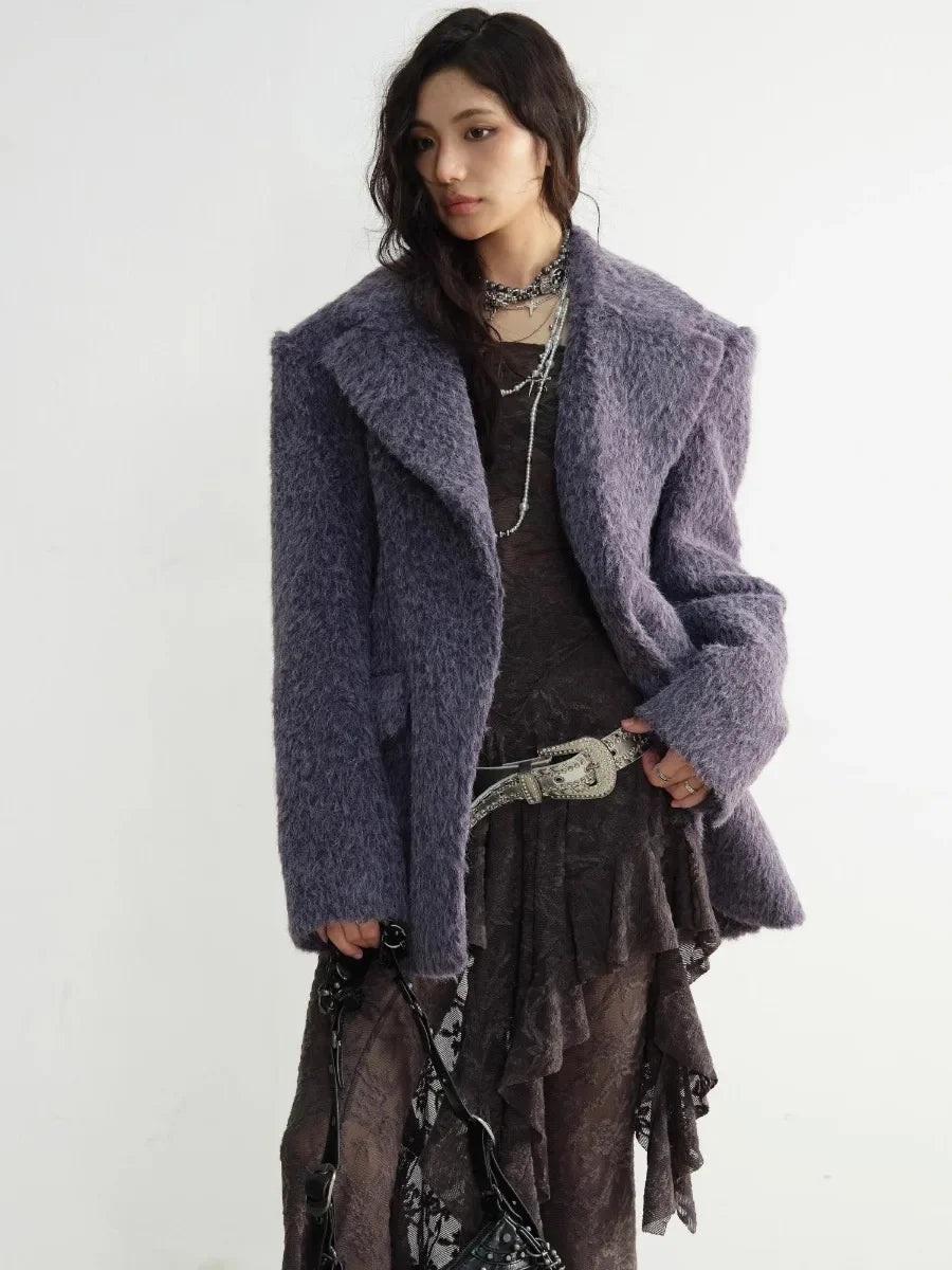 Spliced Pockets Lapel Long Sleeve High Waist Woollen Coat