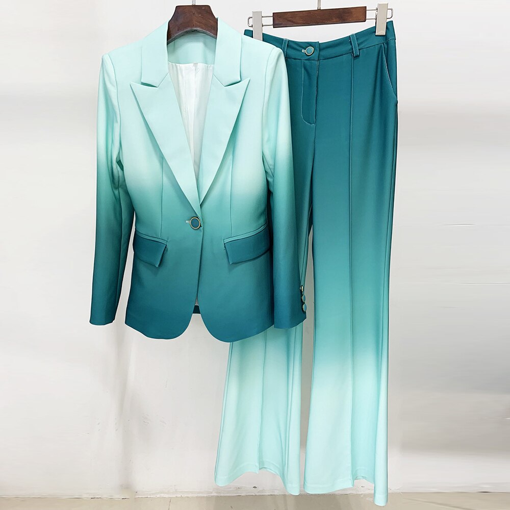 Single Button Blazer Satin Formal Slim Bell Trousers Set