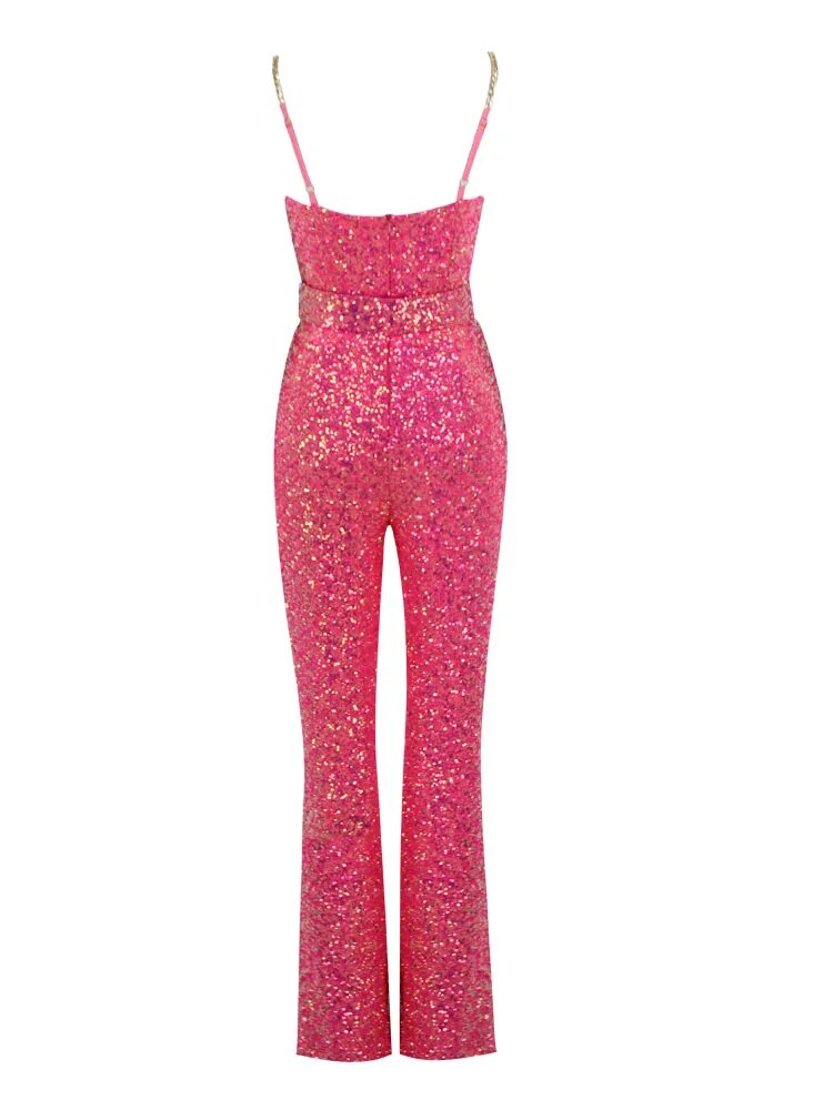 Shiny Sequin Spaghetti Strap Chain Sleeveless Tight Flare Jumpsuit