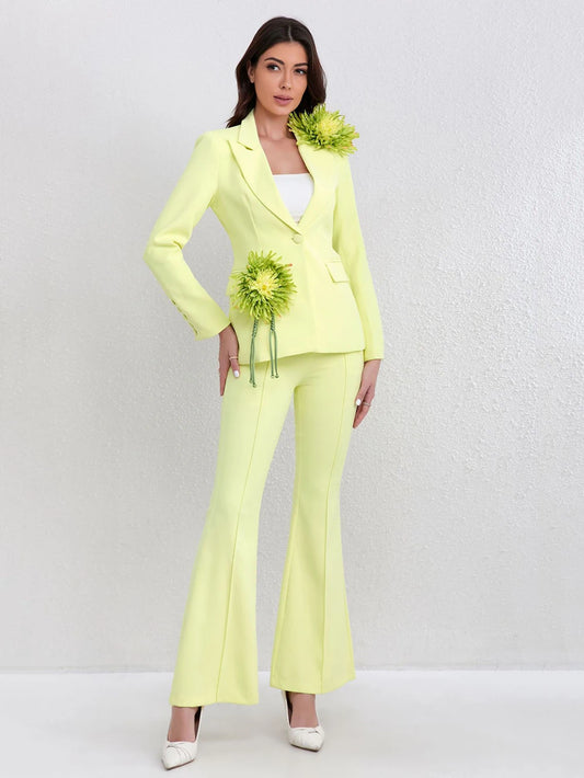 3D Flowers Single Button Blazer High Waist Flare Trouser Set