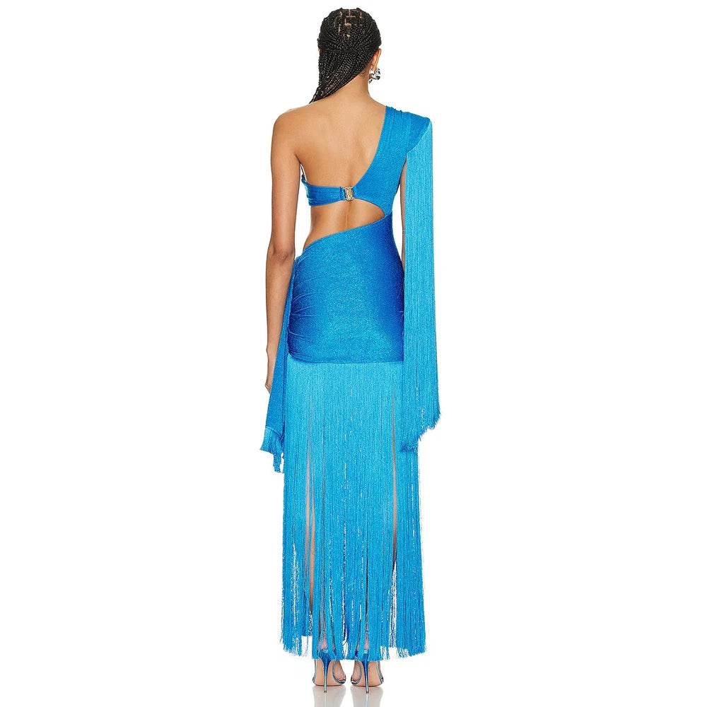 Hollow One Shoulder Tassel One Shoulder Maxi Bandage Dress