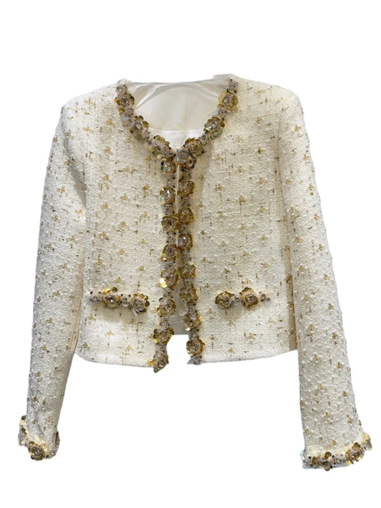 O-Neck Pearl Sequins Patchwork Long Sleeve Tweed Mini Jacket