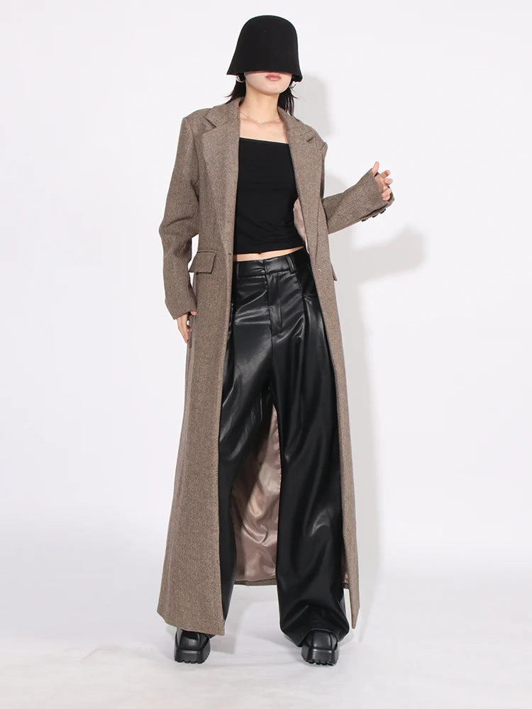 Patchwork Pockets Loose Long Sleeve Spliced Button Maxi Coat