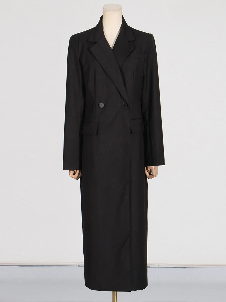 Spliced Pockets Notched Collar Long Sleeve Spliced Button Maxi Coat