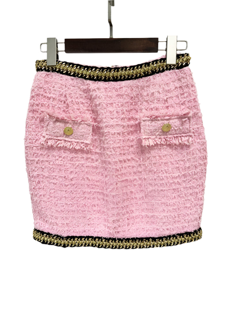 Chain Decor Short Tweed Woollen Short Cardigan Mini Skirt Set