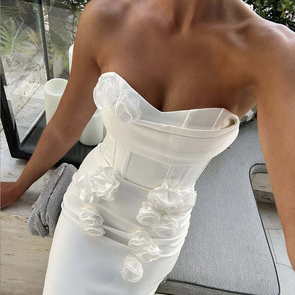 Strapless Flower Decor Backless Sleeveless Tight Maxi Dress