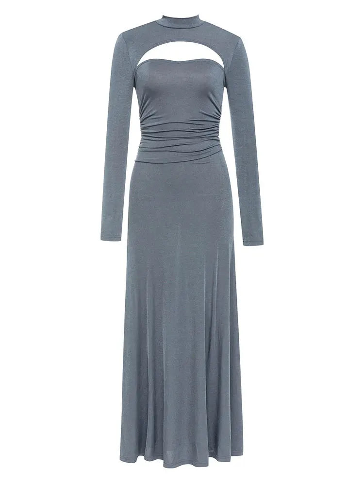 Turtleneck Long Sleeve Slim Fit A-line Maxi Dress