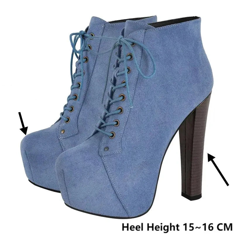 Platform Suede Lace Up Round Toe Thick Chunky Heel Ankle Boots