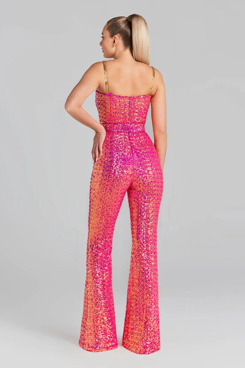 Sleeveless Sequins Spaghetti Strap Belted Wide Legs Jumpsuits