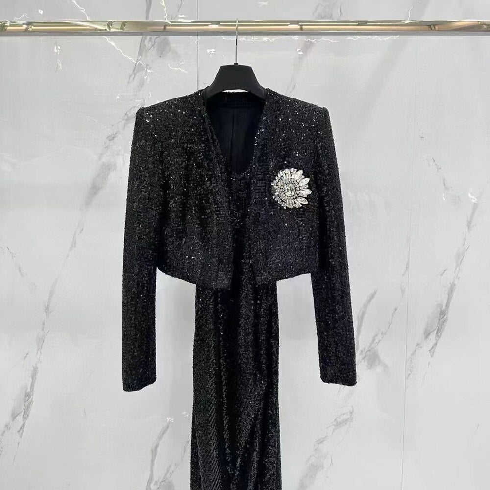 Mini Blazer With V-Neck Sleeveless Sequin Embroidery Split Maxi Dress