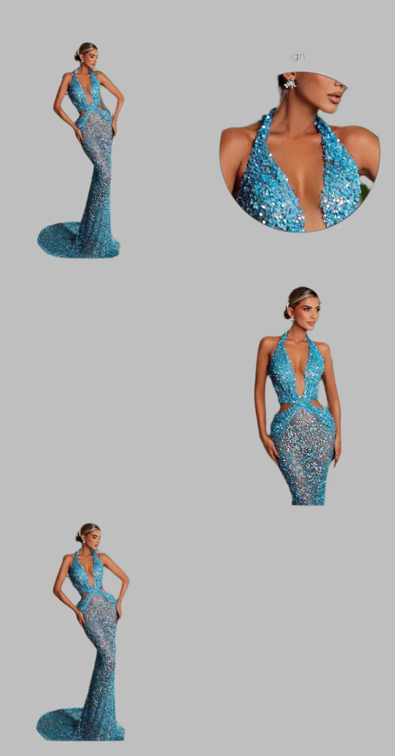 Sequins Beaded Deep V Neck Plunge Halter Cut Out Mermaid Maxi Dress