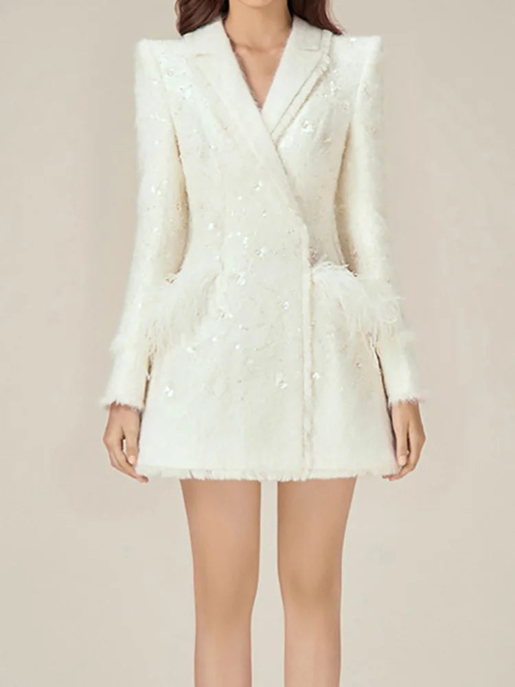 Patchwork Feather Sequins Feathers Notched Long Sleeve Mini Dress