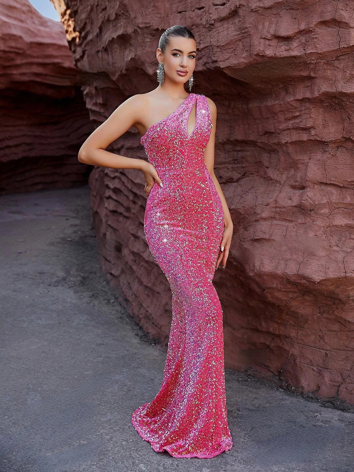 Asymmetrical Neck Glitter Detail Cut out Sequins Mermaid Hem Formal Maxi Dress