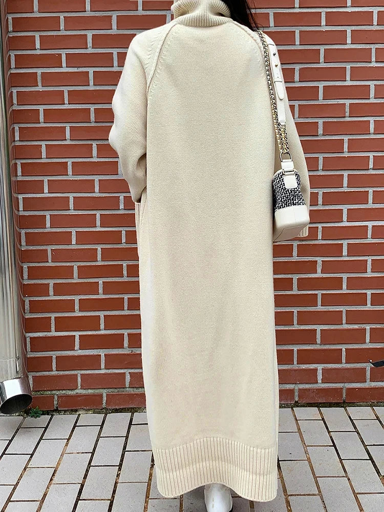 High Split Turtleneck Long Sleeve Split Knitting Maxi Pullover