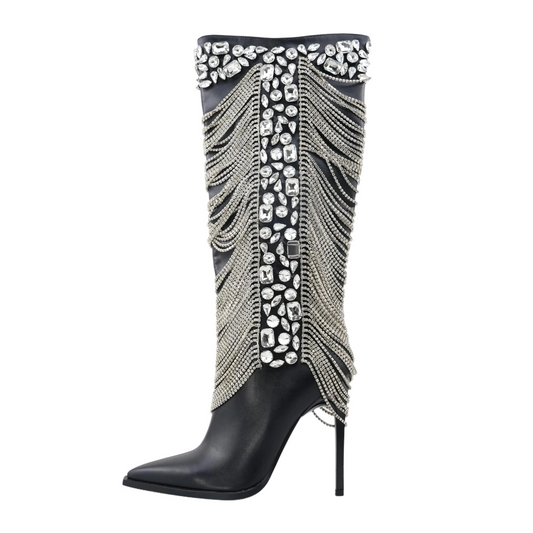 Metal Chain Crystal Decor High Heel Over the Knee Boots