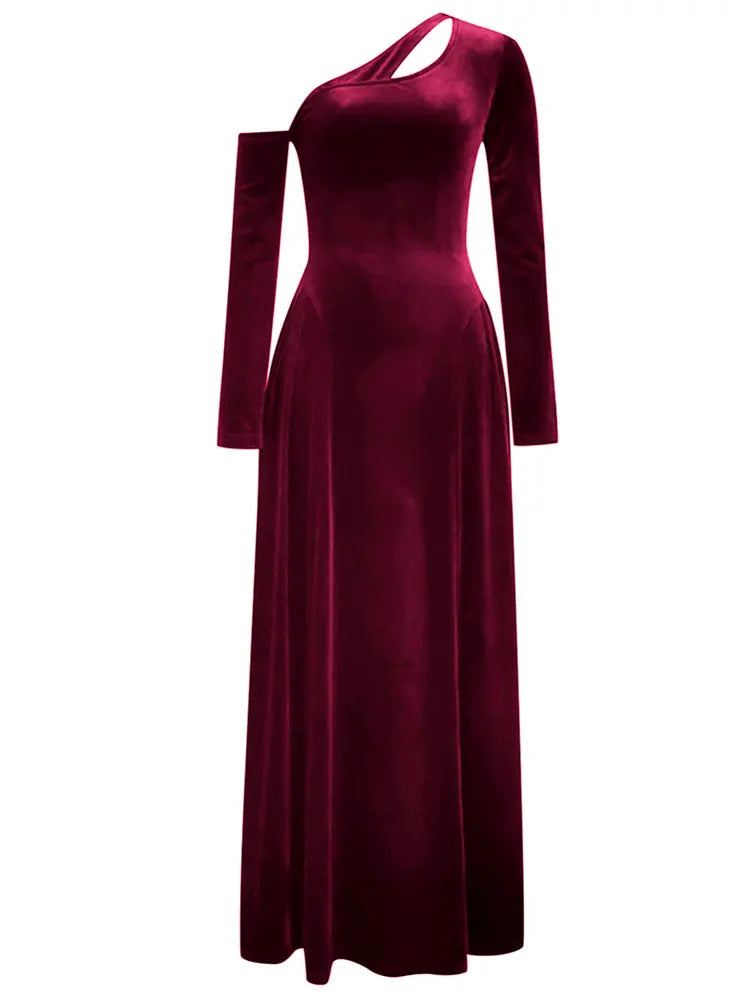 Velvet Slant Neck Long Sleeve Loose Hundred pleats Maxi Dress