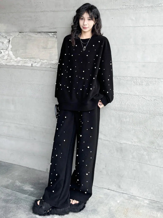 Beading Decor O Neck Long Sleeve Sweatshirt Wide Leg Jogging Set