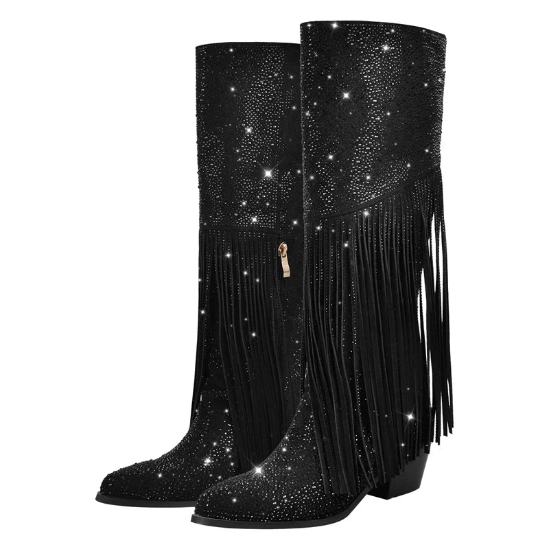 Fringe Wide Calf  Pointed Toe Block Heel Slip On Knee High Boots