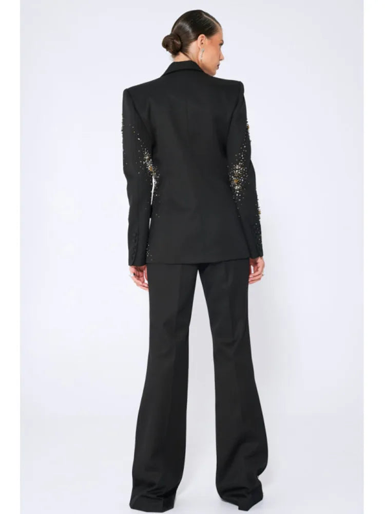 Beading Diamonds Notched Long Sleeve Blazer Flare Trouser Set