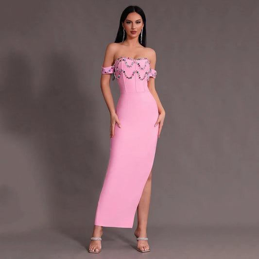 Split Off Shoulder Diamond Decor Bandage Ball Maxi Dress