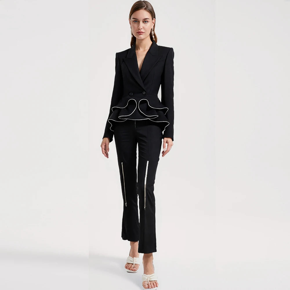 Turn Down Collar Zipper Ruffle Edge Blazer Mid Waist Pencil Trouser Set