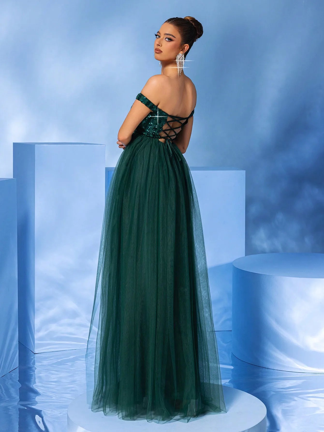 Off-Shoulder Green Sequined Mesh Evening Party Maxi Dress