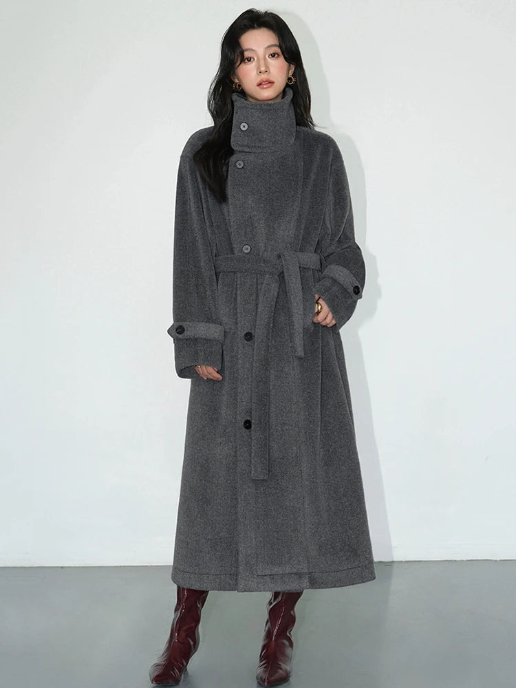 Turtleneck Loose Single Breasted Lined Sashes Blends Woollen Overcoat