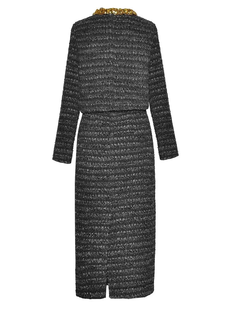 Striped Tweed Diamonds O Neck Single Breasted Mini Coat Mid Skirt Set