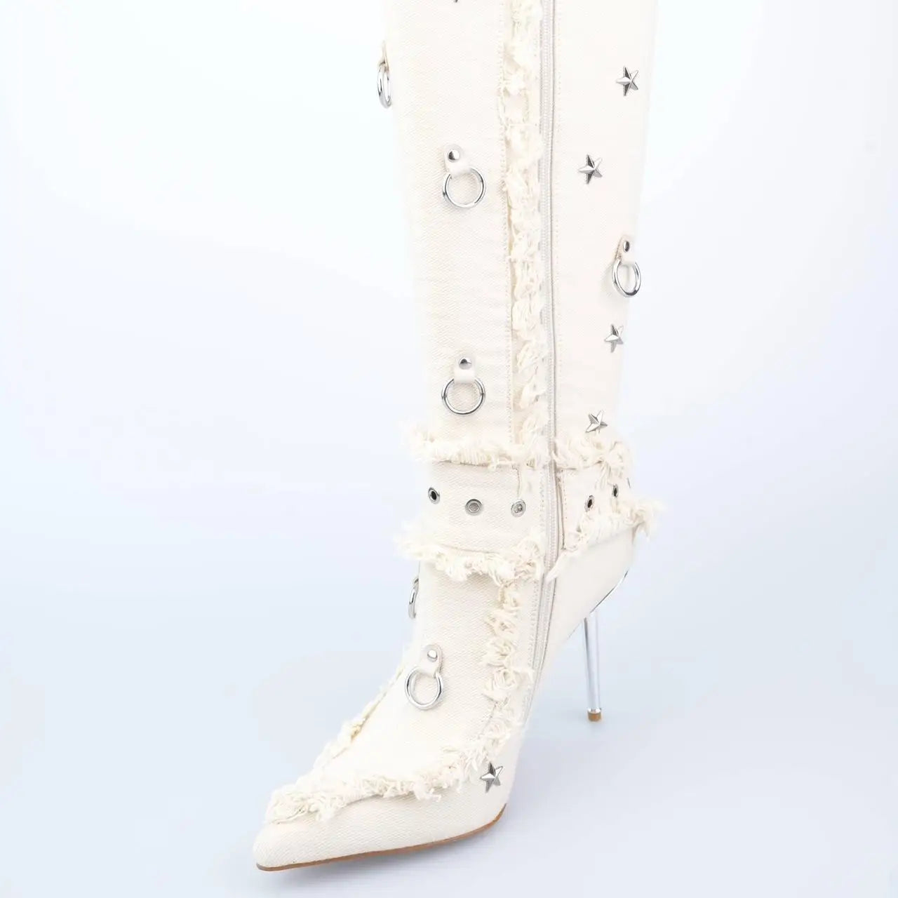 Buckle Star Rivet Decor Pointed Toe Thin Heels Knee High Boots