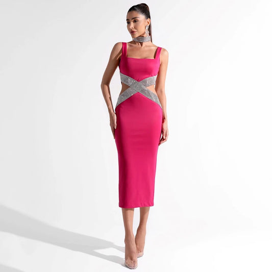 Sleeveless Square Neck Sparkling Diamond Hollow Tight Bandage Mid Dress