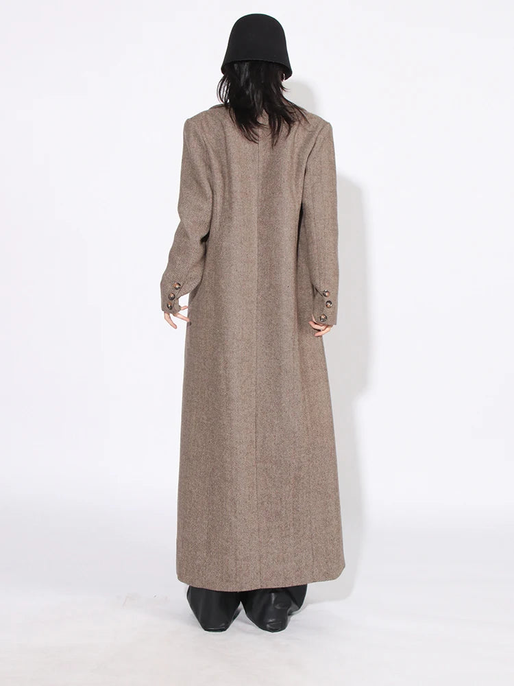 Patchwork Pockets Loose Long Sleeve Spliced Button Maxi Coat