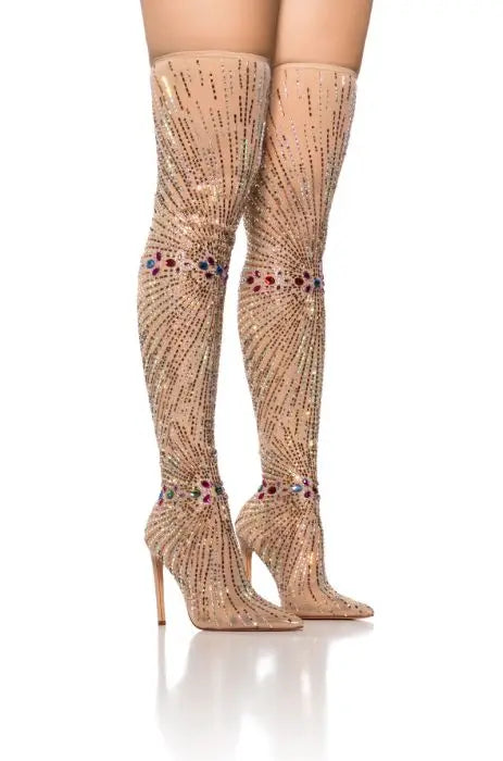 Crystal Diamond Patchwork High Heels Thigh Sock Over The Knee Boots