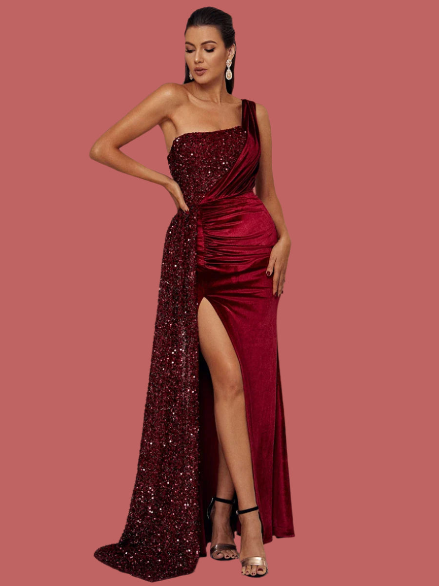 One Shoulder Chic Draped Sequin Panel Velvet Split Prom Maxi Dress