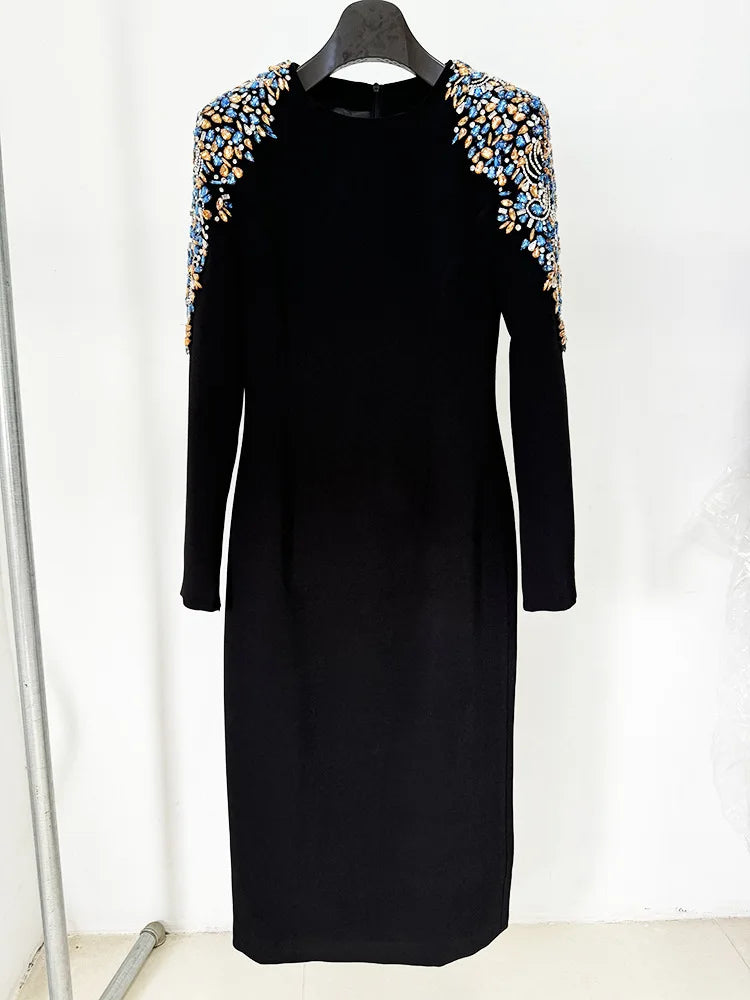 Rhinestone Diamonds Beaded Shoulder Long Sleeve Mid Dress