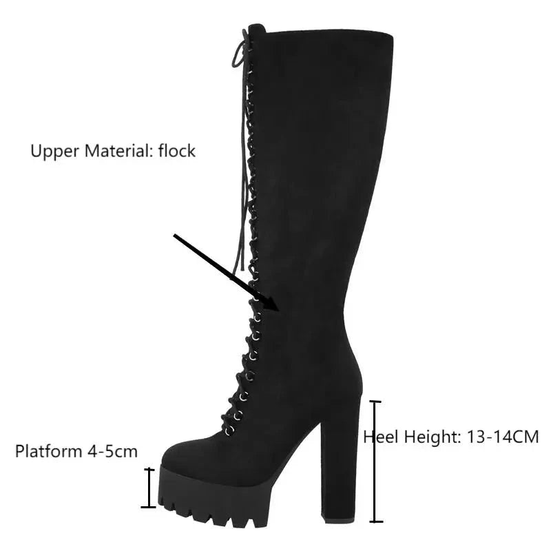 Platform Flock Chunky Heel Side Zip Over The Knee Boots