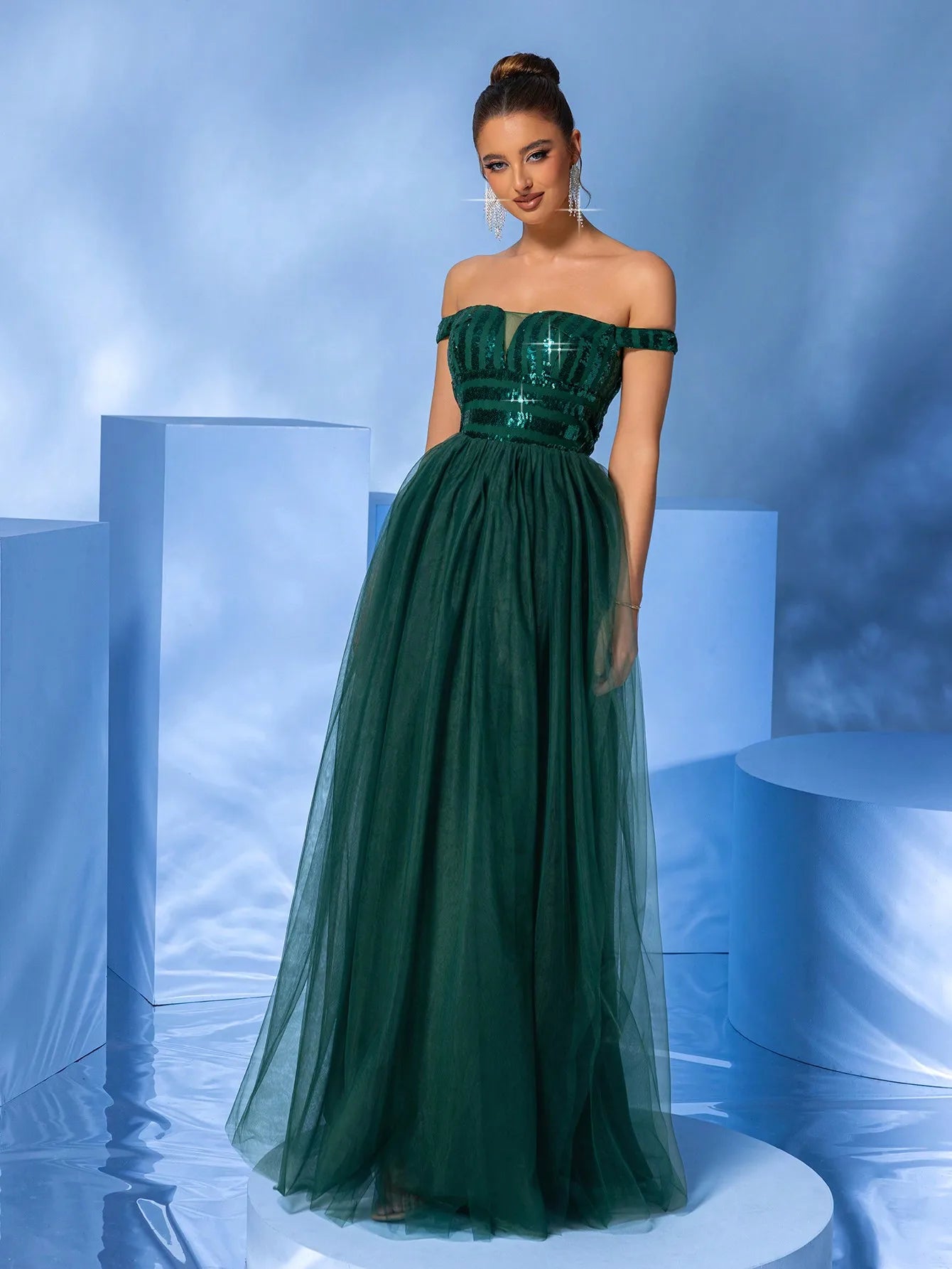 Off-Shoulder Green Sequined Mesh Evening Party Maxi Dress