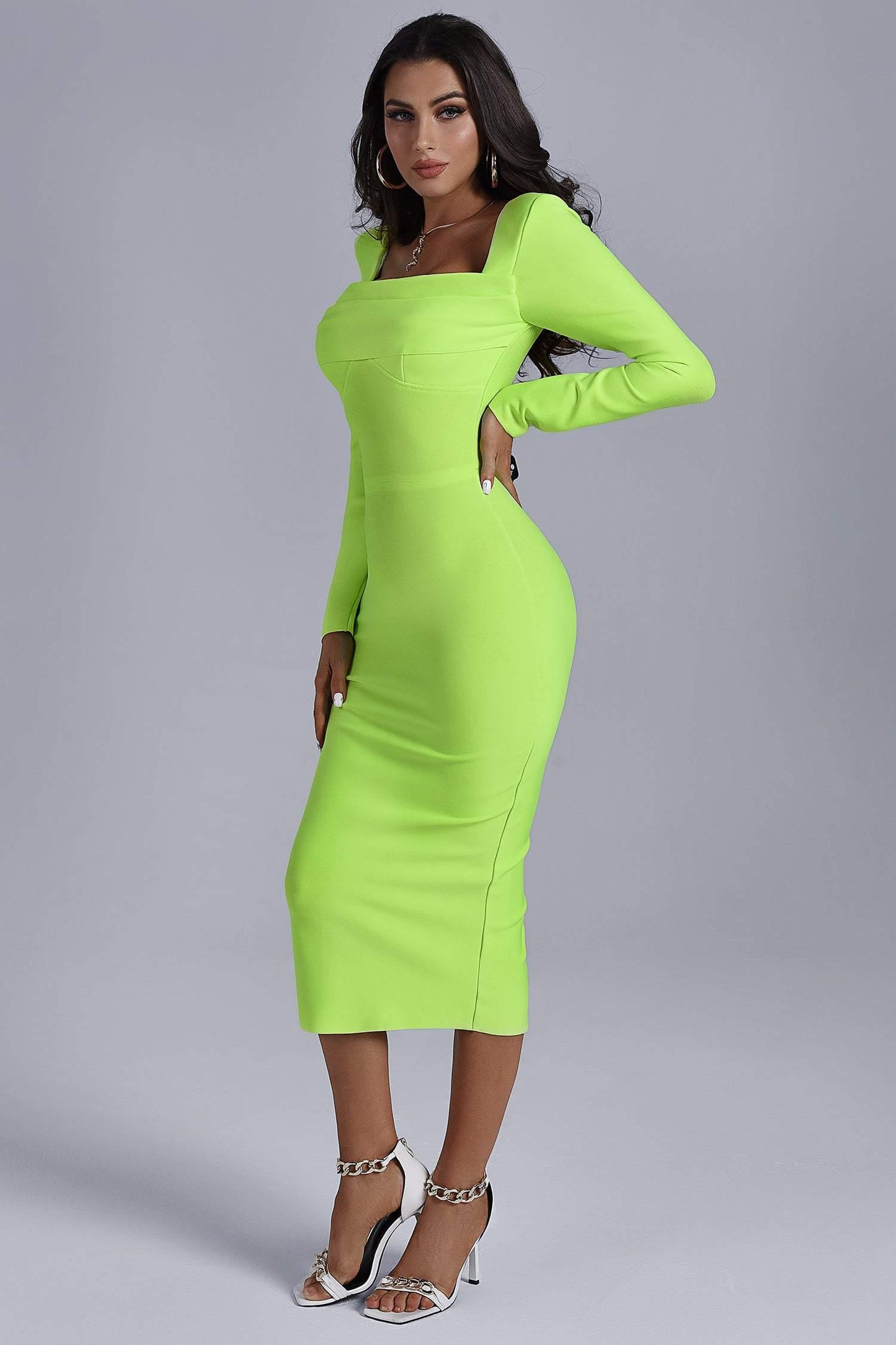 Long Sleeve Plaited Square Neck Bandage Mid Dress