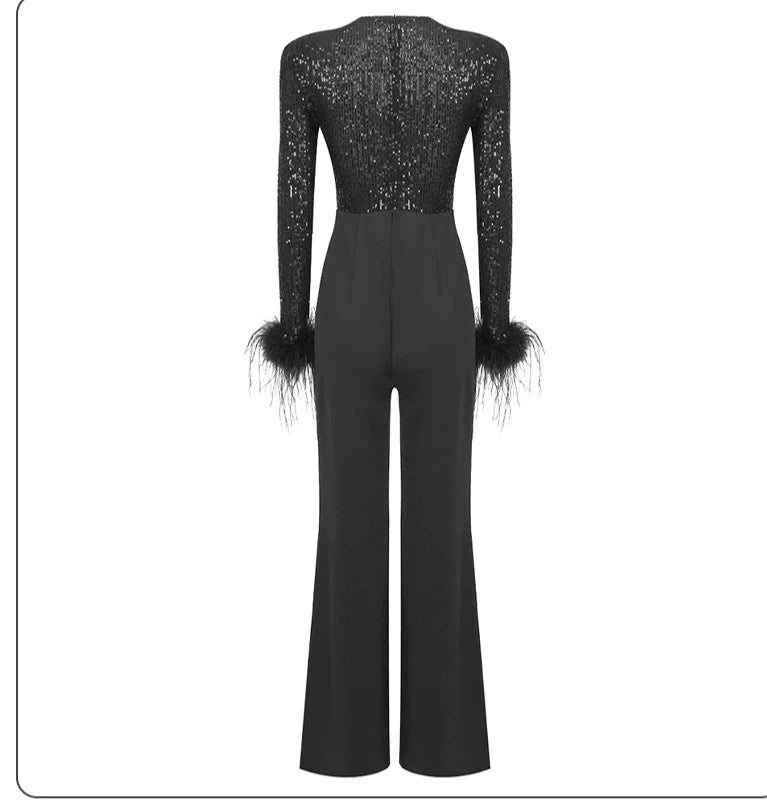 Feather Patchwork Long Sleeves V Neck Sequin Jumpsuit