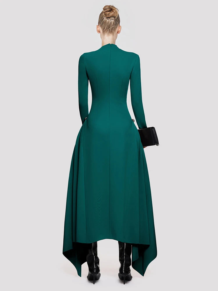 Diagonal collar Long Sleeves Waist Asymmetric Pleated Maxi Dress