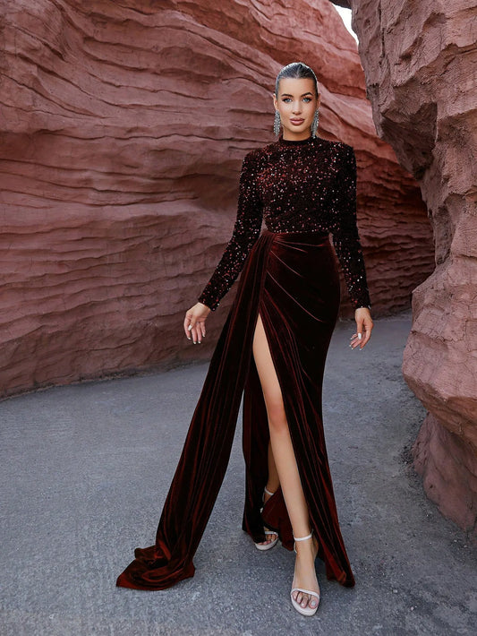 Long Sleeve A Line Glitter Sequin Velvet Patchwork Split Maxi Dress