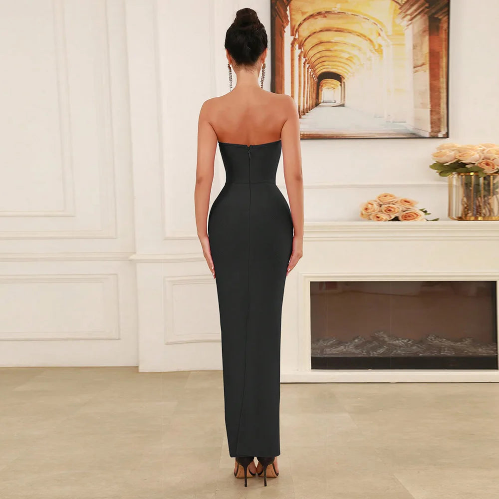 Strapless V-neck Diamond Decor Backless Slim Maxi Bandage Dress