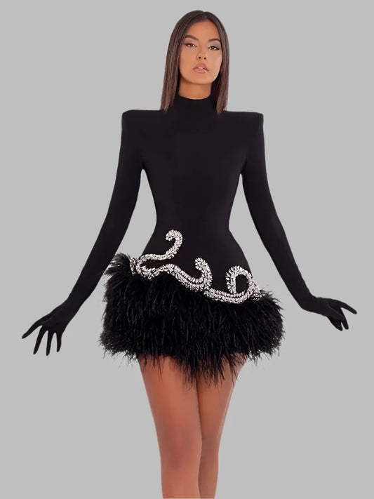 Long Sleeve With Gloves Crystal Feather Patchwork Velvet Mini Dress