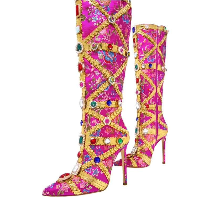 Diamond Embroidered Patchwork High Heel Knee High Boots