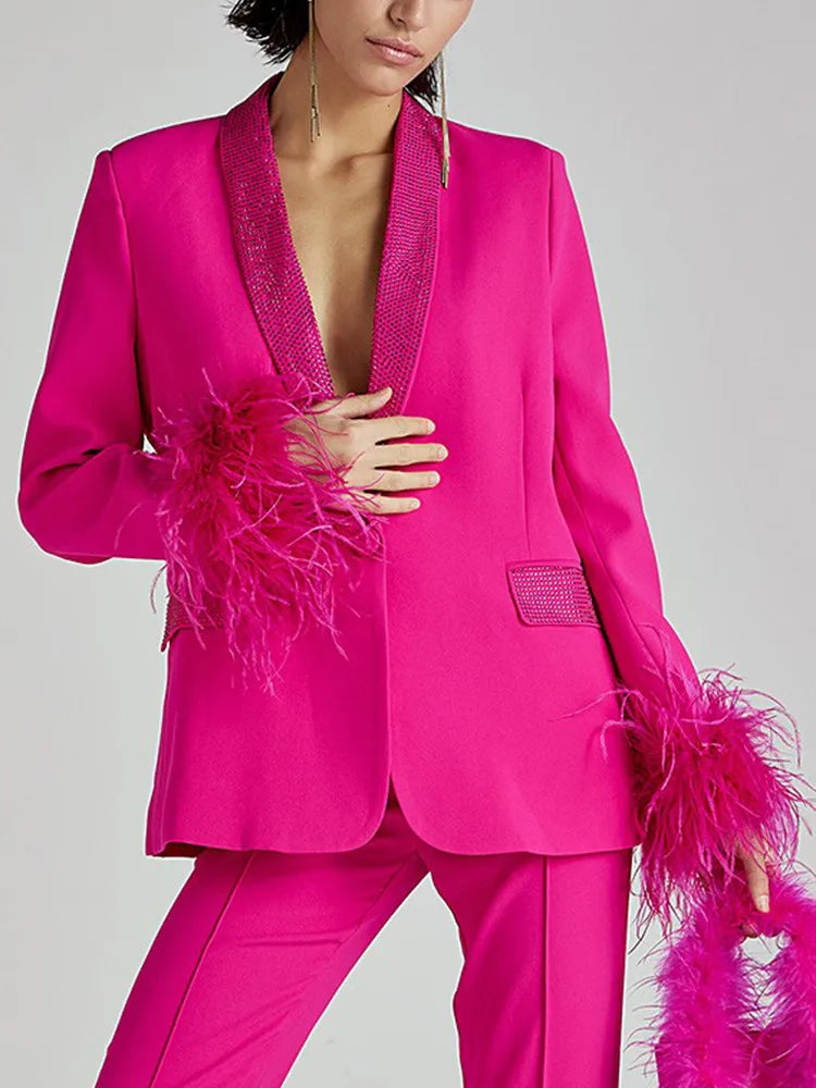 Shawl Collar Detachable Feathers Long Sleeve Patchwork Diamonds Blazers