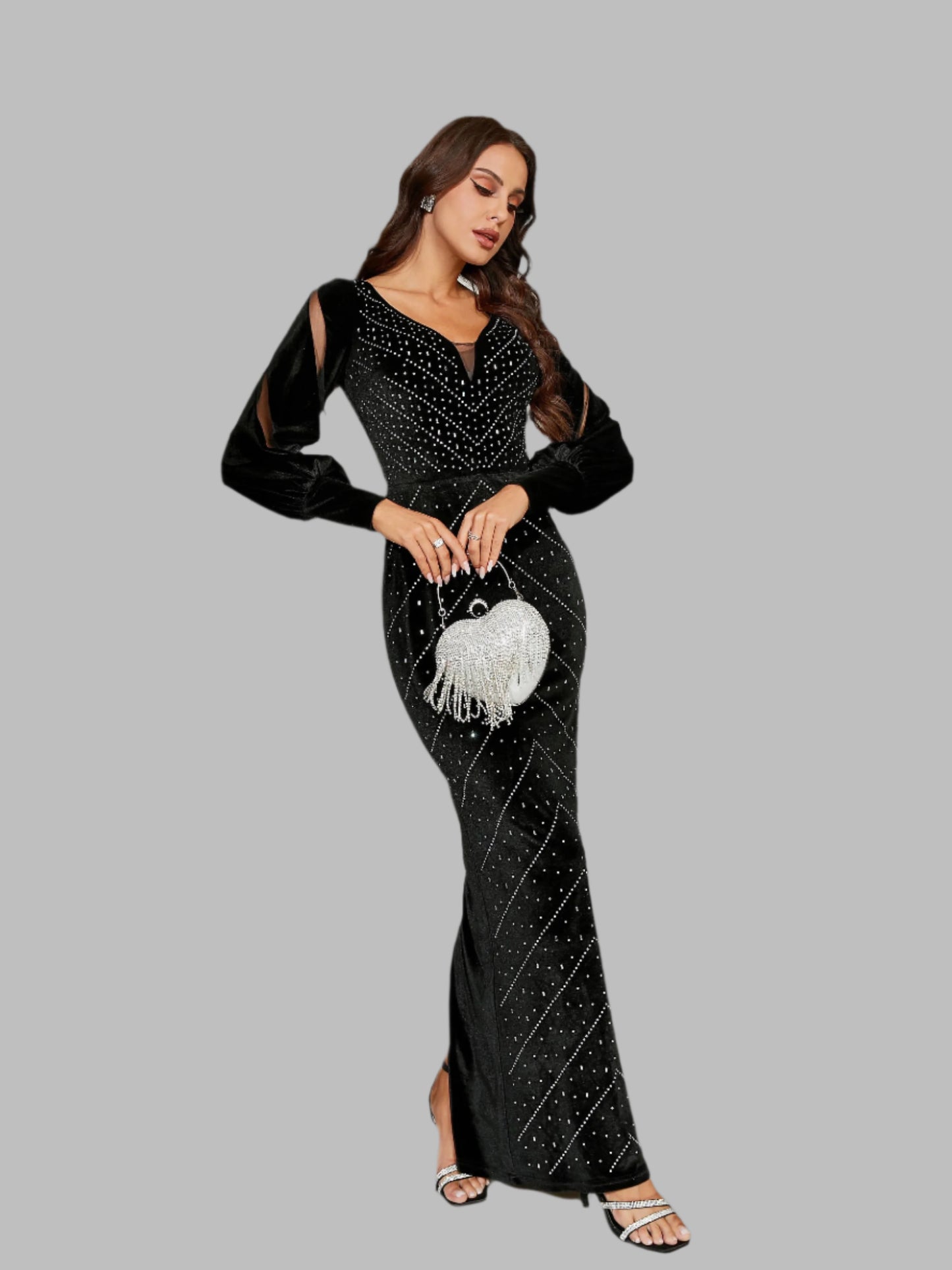 V Neck Long Sleeve Sequin Mermaid Velvet Formal Maxi Dress