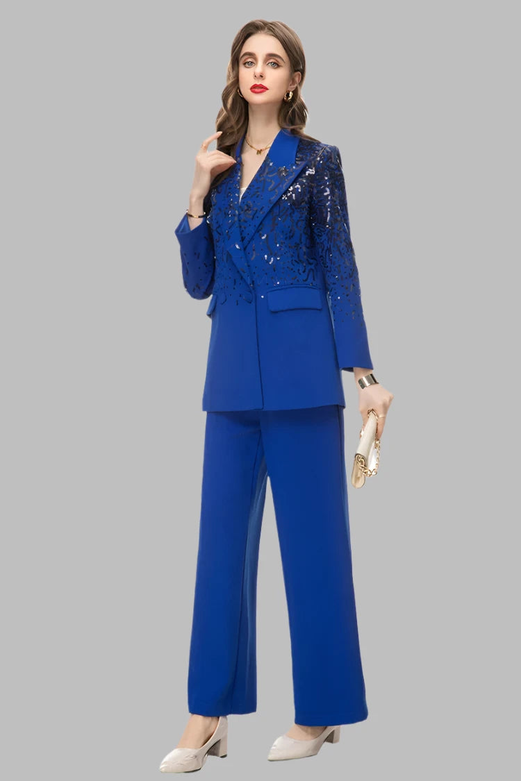 Lapel Collar Sequins Patchwork Blazer Mid Waist Straight Trousers Set