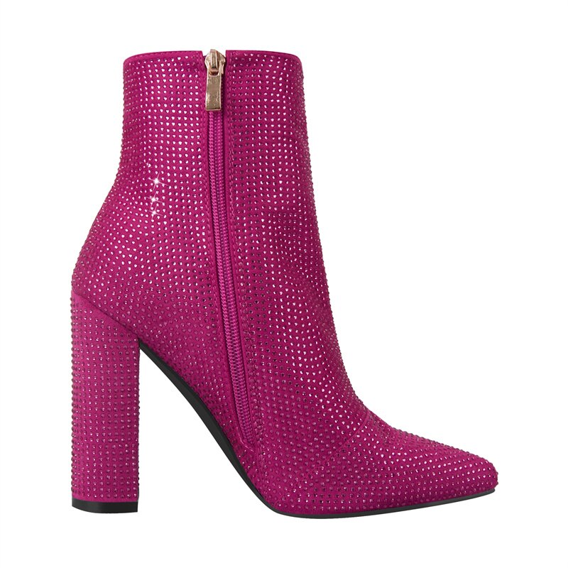 Pointed Toe Rhinestones Bling Square Heels Ankle Boots